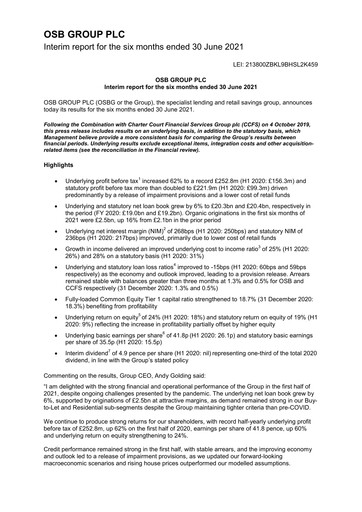 Thumbnail OSB Group Plc Half-year Report 2021-h1