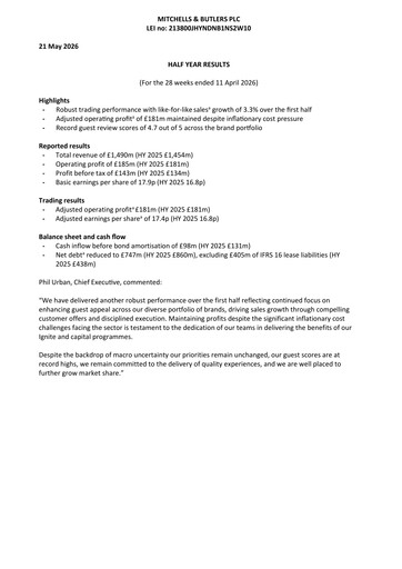 Thumbnail Mitchells & Butlers plc Half-year Report 2026-h1