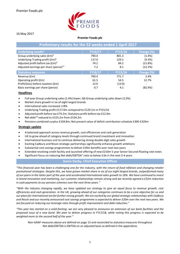 Vorschaubild Premier Foods Finanzbericht 2016-2017