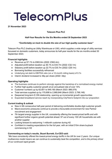 Vorschaubild Telecom Plus PLC Halbjahresbericht fy2024-h1