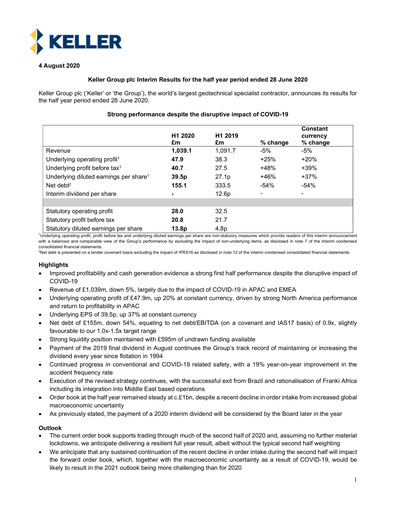 Thumbnail Keller Group Half-year Report 2020-h1