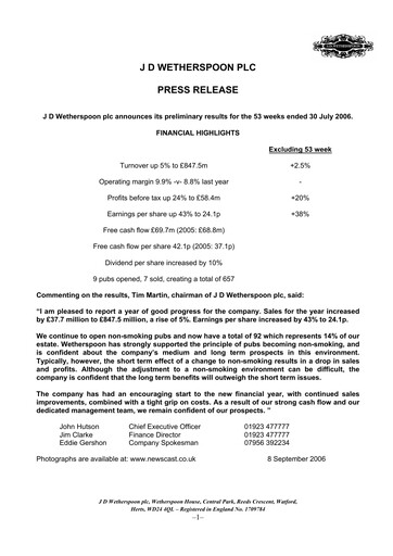Thumbnail J D Wetherspoon Financial Report 2006