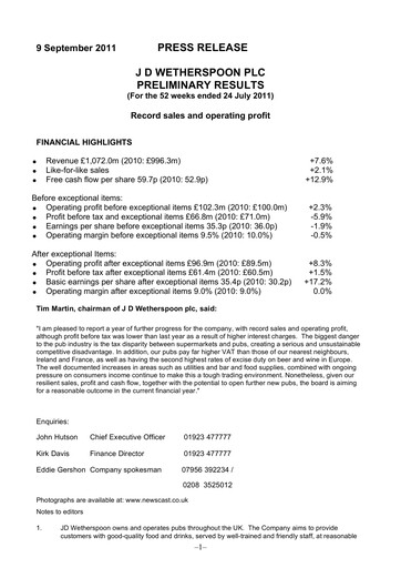Thumbnail J D Wetherspoon Financial Report 2011