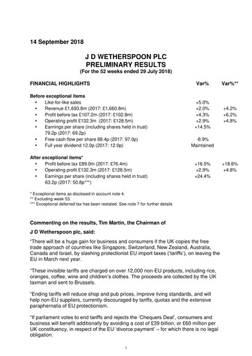 Thumbnail J D Wetherspoon Financial Report 2018