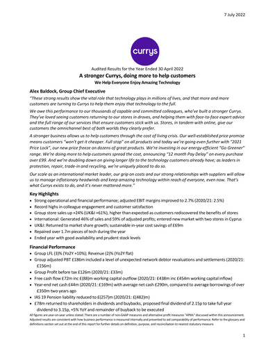 Thumbnail Currys plc Financial Report 2021-2022
