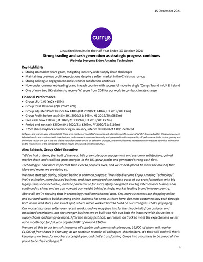 Thumbnail Currys plc Half-year Report 2021-2022