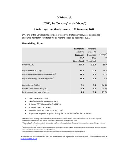 Thumbnail CVS Group Half-year Report 2018-h1