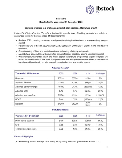 Thumbnail Ibstock plc Financial Report 2025
