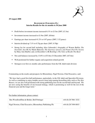 Thumbnail Bloomsbury Publishing Half-year Report 2008-h1