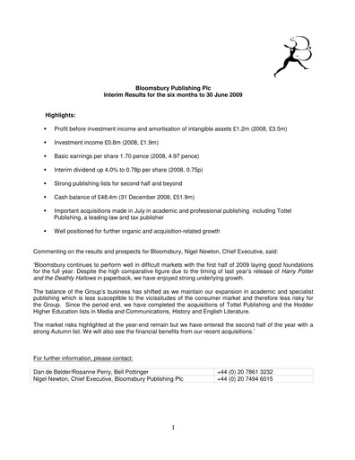 Thumbnail Bloomsbury Publishing Half-year Report 2009-h1