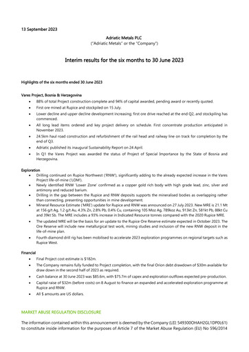 Vorschaubild Adriatic Metals Halbjahresbericht 2023-h1
