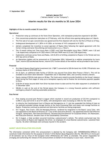 Vorschaubild Adriatic Metals Halbjahresbericht 2024-h1