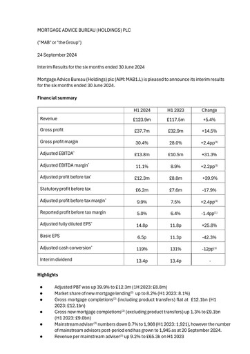 Thumbnail Mortgage Advice Bureau (Holdings) Half-year Report 2024-h1