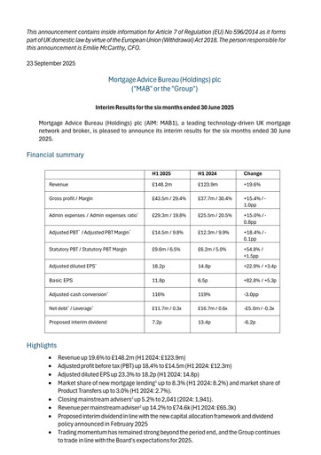 Thumbnail Mortgage Advice Bureau (Holdings) Half-year Report 2025-h1