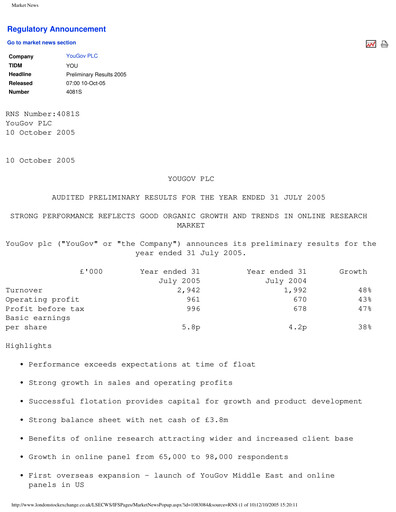 Thumbnail YouGov plc Financial Report 2005