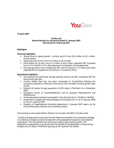 Thumbnail YouGov plc Half-year Report 2007