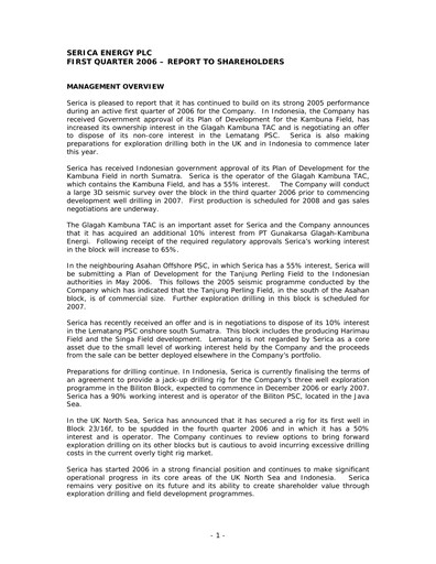 Thumbnail Serica Energy Quarterly Report 2006-q1