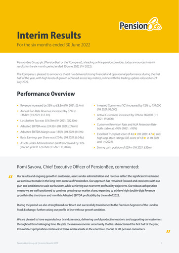 Vorschaubild PensionBee Group Halbjahresbericht 2022-h1