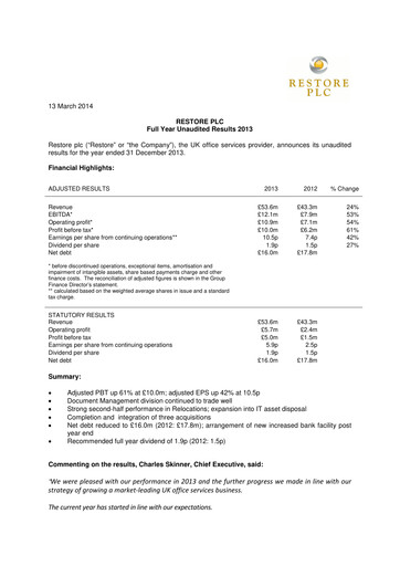 Thumbnail Restore plc Financial Report 2013