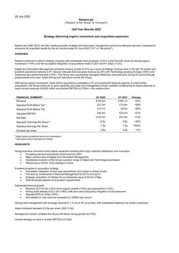 Thumbnail Restore plc Half-year Report 2022-h1