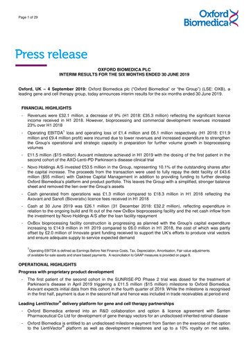 Thumbnail Oxford Biomedica Half-year Report 2019-h1