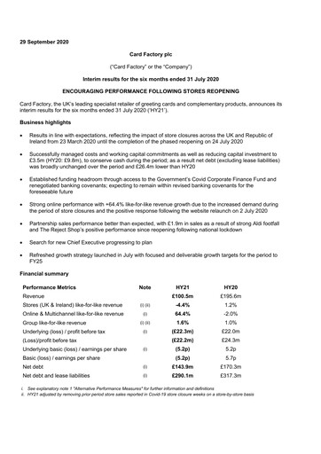 Thumbnail Card Factory plc Half-year Report 2020-h1