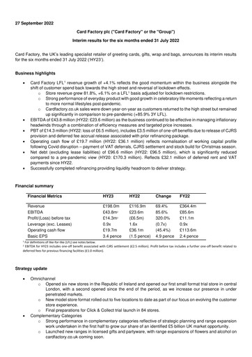 Thumbnail Card Factory plc Half-year Report 2022-h1