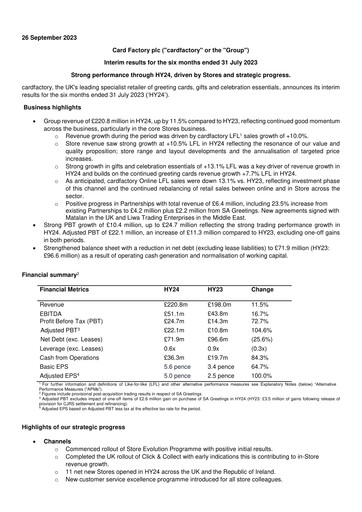 Thumbnail Card Factory plc Half-year Report 2023-h1