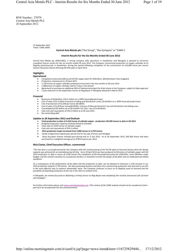 Thumbnail Central Asia Metals Half-year Report 2012-h1