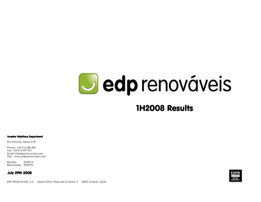 Miniature EDP Renováveis Rapport semestriel 2008-h1