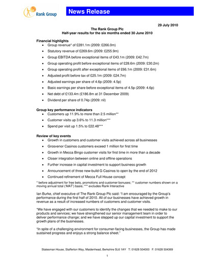 Vorschaubild The Rank Group Halbjahresbericht 2010-h1