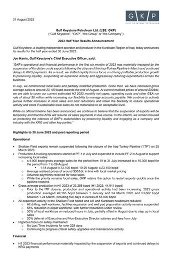 Thumbnail Gulf Keystone Petroleum Half-year Report 2023-h1