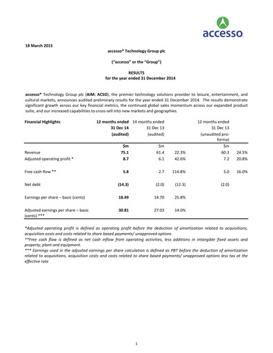 Thumbnail accesso Technology Group Financial Report 2014