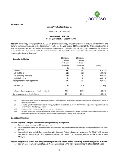 Thumbnail accesso Technology Group Financial Report 2015