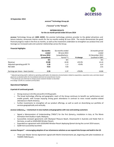 Thumbnail accesso Technology Group Half-year Report 2014-h1