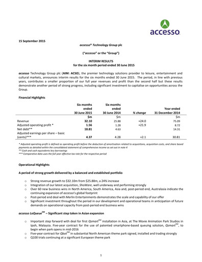Thumbnail accesso Technology Group Half-year Report 2015-h1
