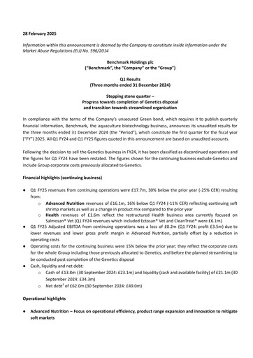 Thumbnail Benchmark Holdings Quarterly Report 2025-q1