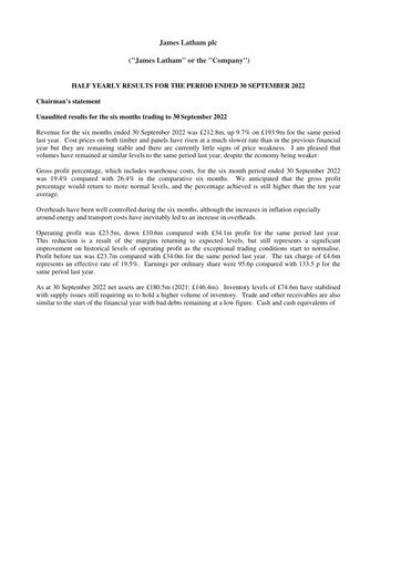 Thumbnail James Latham plc Half-year Report 2022-h1