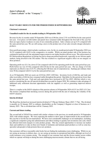 Thumbnail James Latham plc Half-year Report 2024-h1