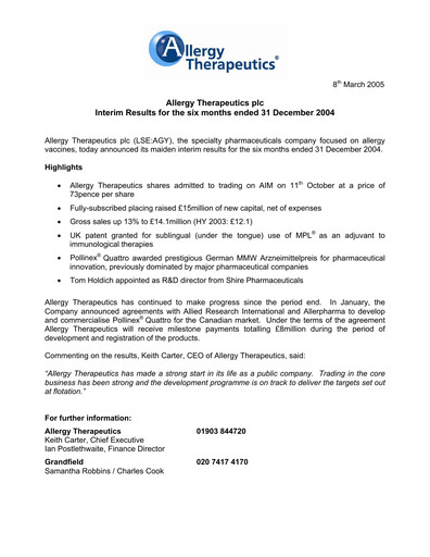 Thumbnail Allergy Therapeutics Half-year Report 2004-2005