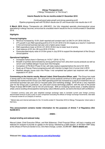 Thumbnail Allergy Therapeutics Half-year Report 2018-2019