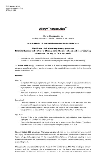 Thumbnail Allergy Therapeutics Half-year Report 2023-2024