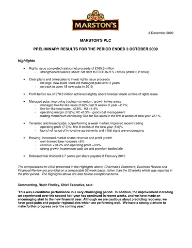 Thumbnail Marston's Financial Report 2009