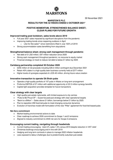 Thumbnail Marston's Financial Report 2021