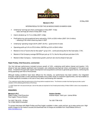 Thumbnail Marston's Half-year Report 2008-h1