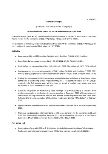 Thumbnail Kitwave Group Half-year Report 2023-h1
