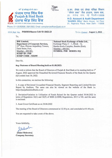 Thumbnail Punjab & Sind Bank Quarterly Report 2022-q2