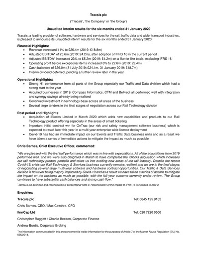 Miniature Tracsis Rapport semestriel 2020-h1