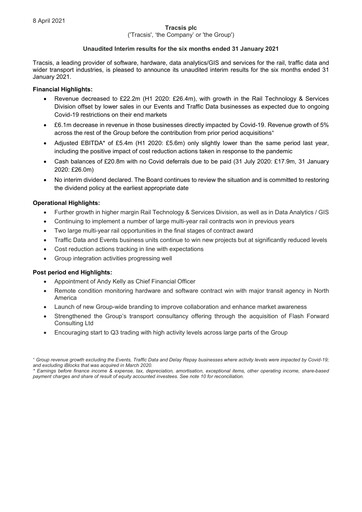 Miniature Tracsis Rapport semestriel 2021-h1