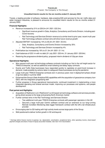 Miniature Tracsis Rapport semestriel 2022-h1